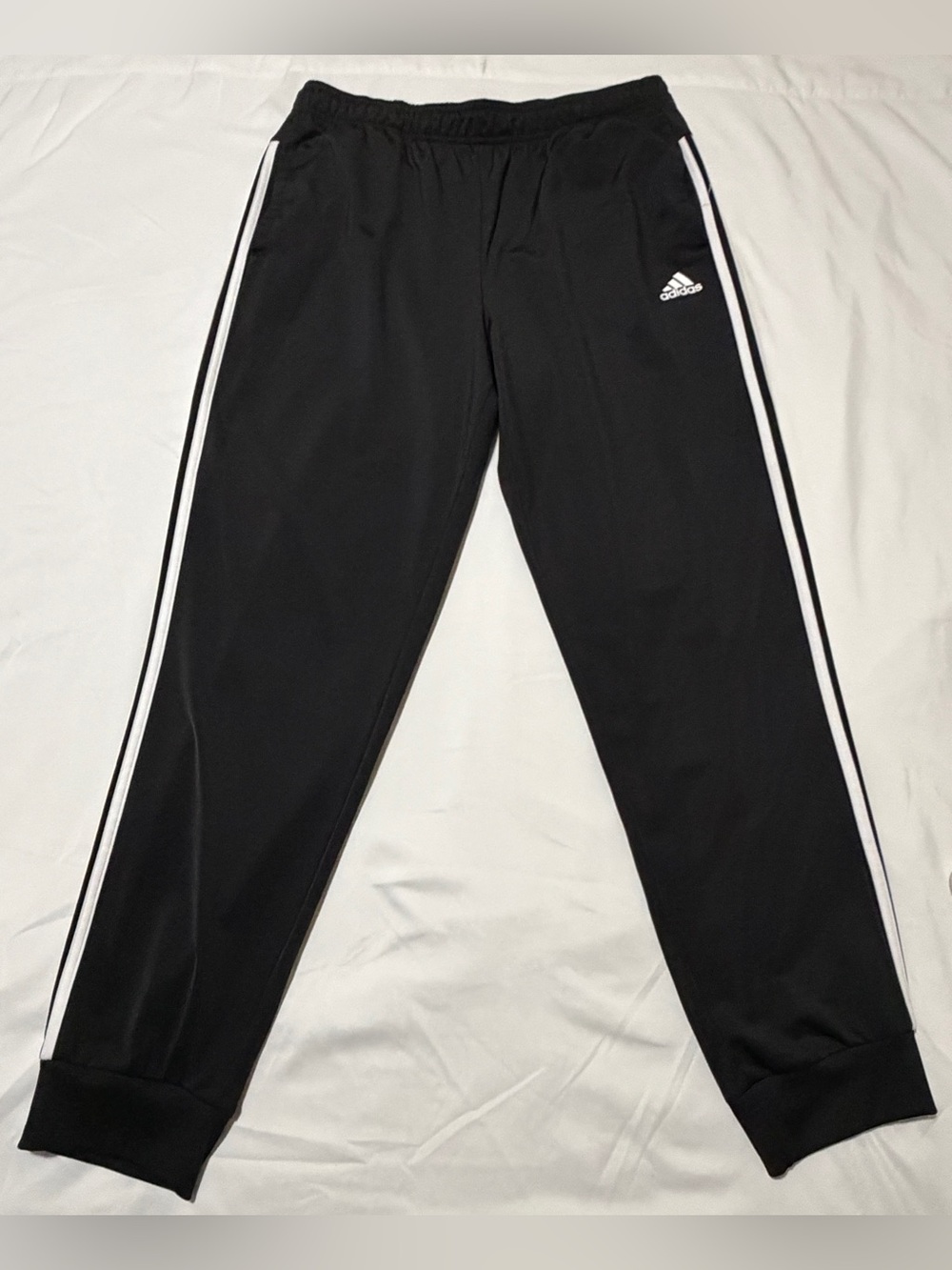adidas Men’s Essentials Warm-Up Tapered Black 3-Stripes Track Pants, Size L